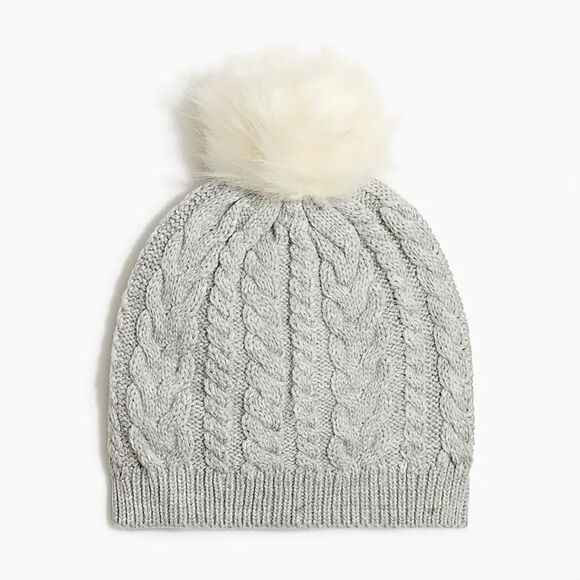 J. Crew Factory Cable Pom-pom Beanie Hat Heather Gray Cream Dusk Acrylic NWT - Picture 2 of 8